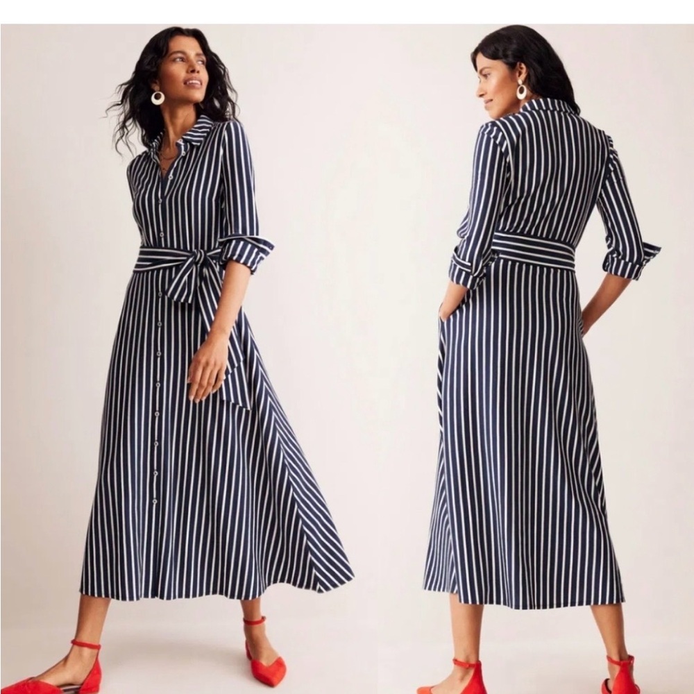 Boden Navy and White Striped Long Sleeve Dress